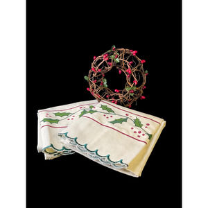 2 Vintage Muslin Christmas Holly Tea Towels